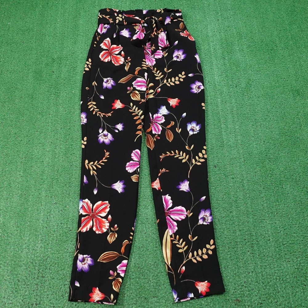 Express Pants Womens 00L Black Ankle High Rise Paperbag Belted Floral Crepe